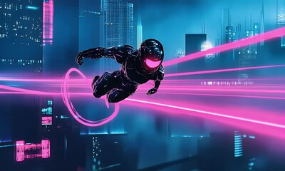 Cyborg flying neon city futuristic game art