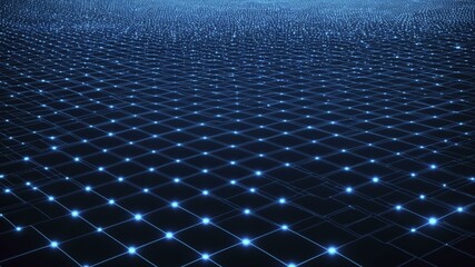 Glowing blue dots arranged in a grid on a dark background creating a futuristic 3D network effect.
