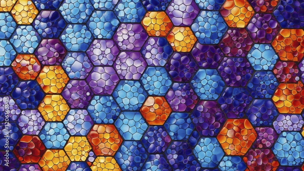 Wall mural Intricate mosaic pattern of hexagonal tiles in blue, purple, and orange creating a vibrant and fluid design.