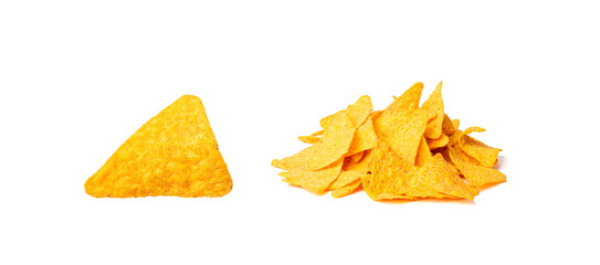 Naklejka premium Nachos Chips Isolated, Mexican Triangle Corn Chips for Nacho Tortilla, Maize Snack, Nachos on White Background