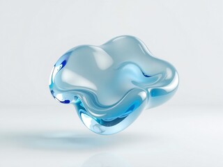 A 3D gel-like organic shape with a translucent finish, rendered in shades of pale blue and aqua, floating gracefully against a pure white surface