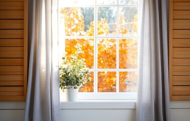 Fototapeta premium Vintage wood window featuring a charming striped curtain.