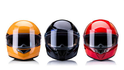  Set of motorcycle helmets on an isolated transparent background. Safety and protection conce 