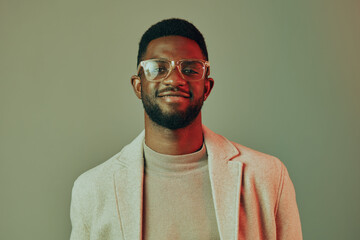 Confident young African man in stylish glasses and light blazer, smiling against a muted green background, showcasing modern fashion and self assurance