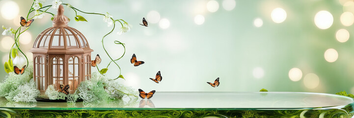 Springtime Serenity Glass Table Birdcage Butterflies Flowers