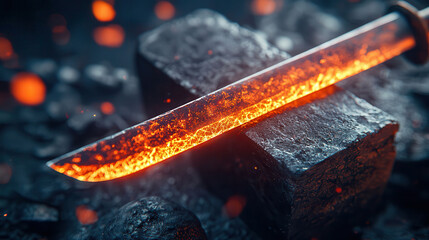 glowing hot sword rests on anvil, surrounded by sparks in forge