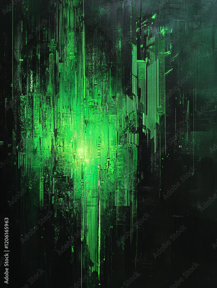 Poster abstract digital artwork showcasing vibrant green hues and geometric patterns on a dark background