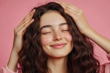 Fototapeta premium A woman sits cross-legged with eyes closed, hands placed on her head in a contemplative pose