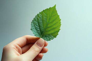 A person holds a green leaf in their hand, possibly symbolizing growth or nature