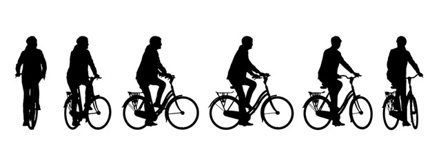 Vector concept or conceptual black silhouette of a woman riding a bicycle from different perspectives isolated on white background. A metaphor for health, fitness, work, leisure and lifestyle