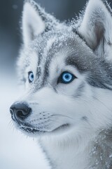 Obraz premium Siberian husky dog looking away in snowy landscape