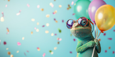 Funny chameleon wearing sunglasses holding happy birthday balloons and confetti explosion flying around greeting card on blue background with copy space.