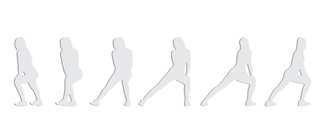 Vector concept conceptual gray paper cut silhouette of a woman doing fitness exercises from different perspectives isolated on white background. A metaphor for active, health, self-care, wellness and 