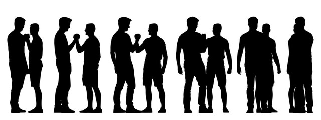 Vector concept conceptual black silhouette of two young men shaking hands from different perspectives isolated on white background. A metaphor for youth, learning, education, friendship and lifestyle