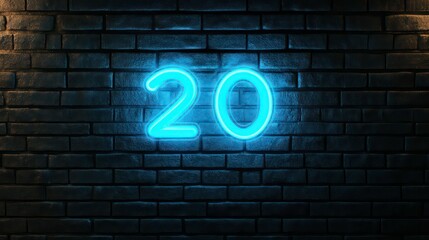 Glowing neon blue number twenty on a dark brick wall.
