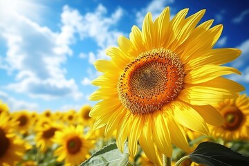 Fototapeta premium Sunflower blooming in field under summer sun and clouds