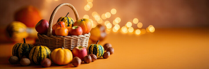 Autumn Harvest Pumpkins Apples Hazelnuts in Basket