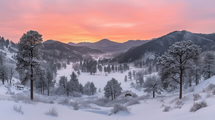Fototapeta premium Winter sunrise over snowy mountain valley with pink sky and frosty trees