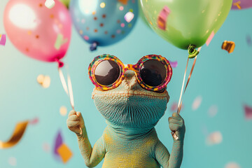 Funny chameleon wearing sunglasses holding happy birthday balloons and confetti explosion flying...