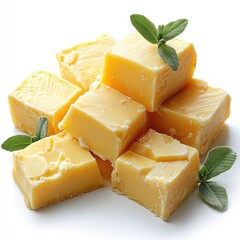 A pile of butter pieces with a fresh mint sprig on top