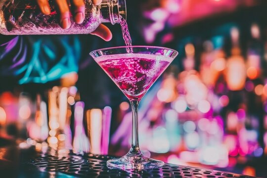 In a bar setting, a barman is meticulously preparing and pouring a red cocktail into a martini glass, forming a cosmopolitan cocktail