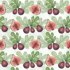 Bright watercolor pattern depicting ripe fig fruits, juicy purple color, red fruits with green foliage. Delicate watercolor background. Seamless pattern for summer prints, textiles, kitchen fabrics.