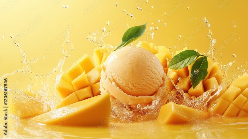 Aufkleber refreshing mango ice cream scoop with diced mango pieces and splashing juice.