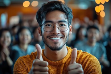 A person showing approval and positivity in front of an audience