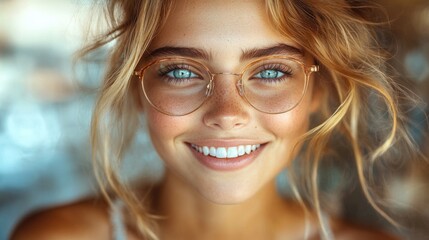 A close-up portrait of a woman wearing glasses