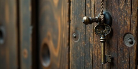 Fototapeta premium An antique skeleton key hangs from a rustic wooden door, a symbol of hidden secrets and forgotten stories