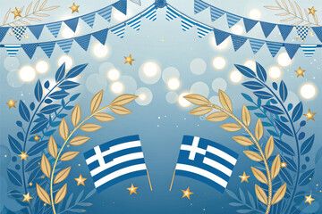 Greek Flags With Laurel Wreath And Golden Sparkles On A Blue Background, Suitable For Greece Independence Day Celebration Banners Or Patriotic Themes, Perfect For Businesses Or Events Related To Greek
