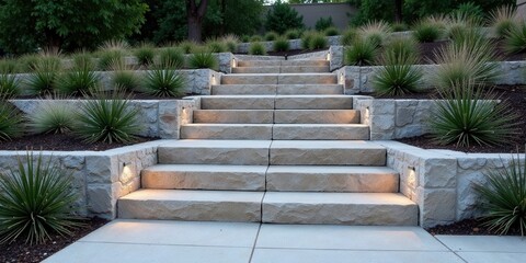 Illuminated Stone Steps Ascending a Landscaped Hillside with Ornamental Plants and Integrated Lighting Fixtures