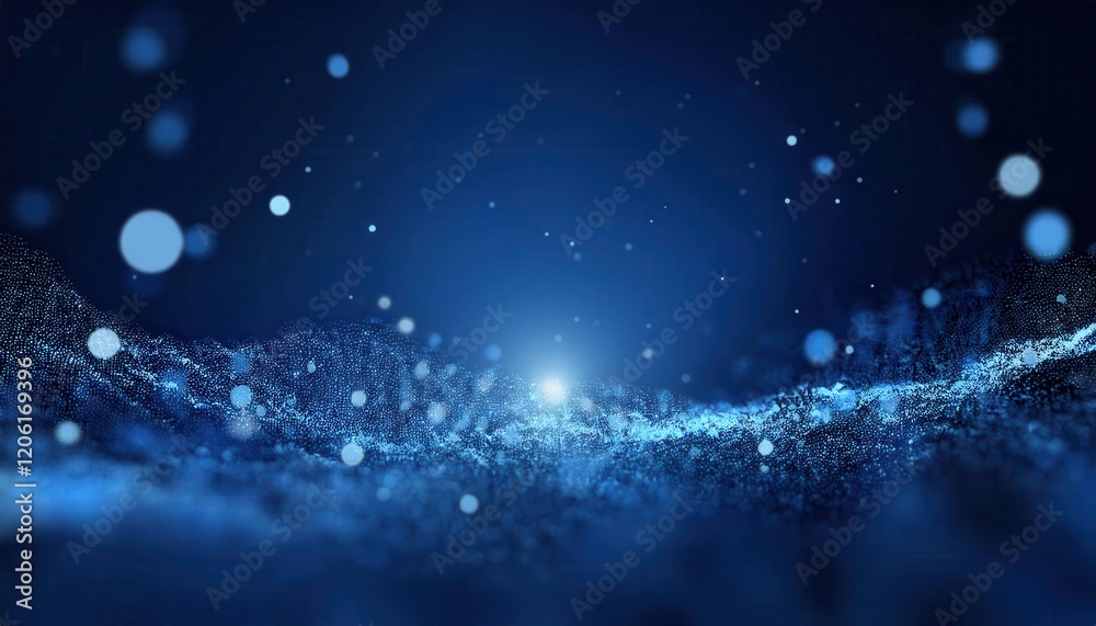 Poster ethereal blue abstract wave of glowing digital particles with floating bokeh, perfect for tech background or futuristic design

