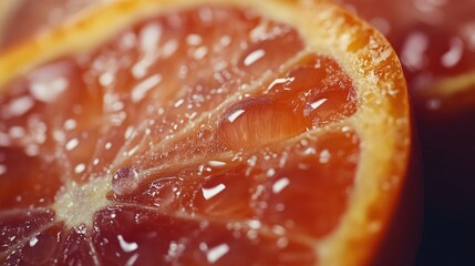 A close-up shot of a grapefruit cut in half, with the juicy pulp and seeds visible