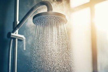 Relaxing hot water shower with steam and soft lighting in a dark environment - obrazy, fototapety, plakaty