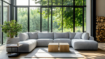 Obraz premium Large windows offering a scenic green view.