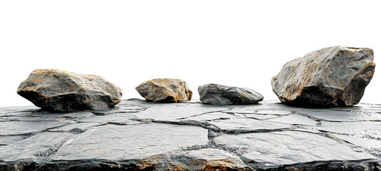 Natural stone platform with large boulders, isolated against transparent background, ideal for landscaping or geological themes