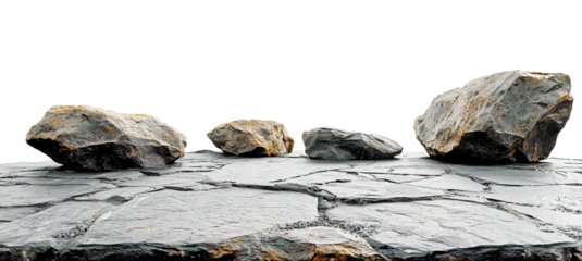 Natural stone platform with large boulders, isolated against transparent background, ideal for landscaping or geological themes