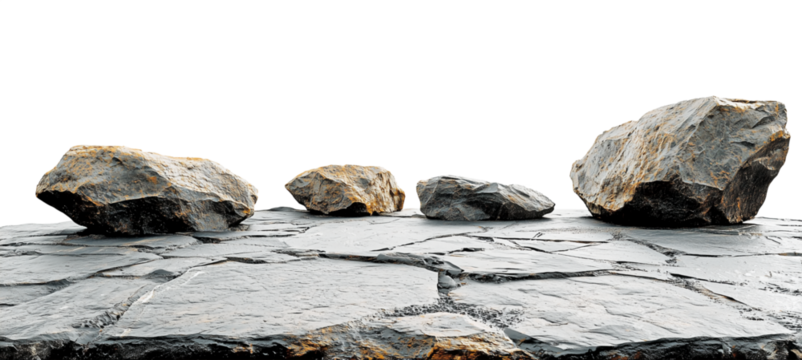 Natural stone platform with large boulders, isolated against transparent background, ideal for landscaping or geological themes