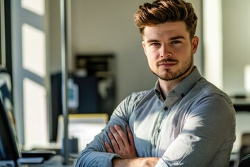 Obraz premium A person sitting at a desk with their arms crossed, focused on their laptop