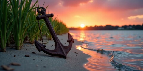 Rusty Anchor on Sandy Shore at Sunset, Serene Coastal Scene with Grasses