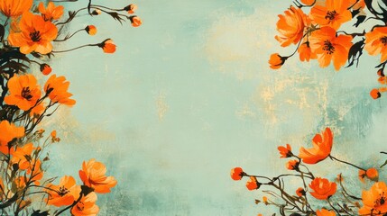 Orange Blossom Frame: A delicate watercolor painting of orange cosmos flowers creates a charming frame on a teal background, perfect for adding a touch of natural elegance to your designs.
