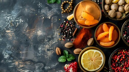 Fototapeta premium Dried apricots, spices, and citrus on dark background, overhead shot, food blog use