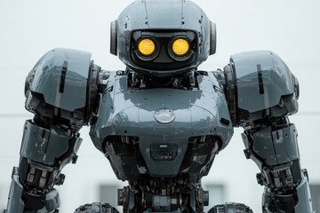 Naklejka premium Close-up shot of a robot's face with bright yellow eyes, suitable for futuristic or sci-fi themed designs