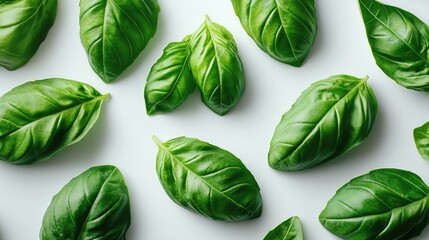 Obraz premium Fresh green basil leaves arranged on a clean white surface, ideal for food or decoration photography
