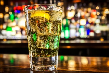 A highball glass filled with a vodka and tonic cocktail, decorated with ice and mint leaves, set against a dark background