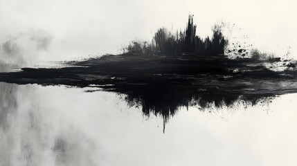 Fototapeta premium Abstract monochrome artwork featuring a dark, textured landscape reflected on a light background.