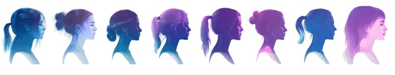 Fototapeta premium Silhouettes of women's heads from the side (different directions) in different ages, the heads are nearly in a row, from young to old mixed. the Silhouettes are flat, vectorstyle, - Generative AI