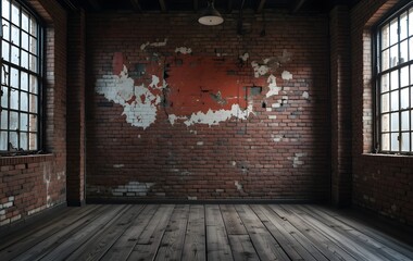 Old red brick wall, weathered texture, peeling paint, grunge aesthetic, empty room interior, wooden floorboards, dramatic lighting, urban decay, industrial loft space