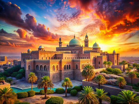 Majestic Barzan Palace Ha'il Saudi Arabia Double Exposure Sunrise Stock Photo